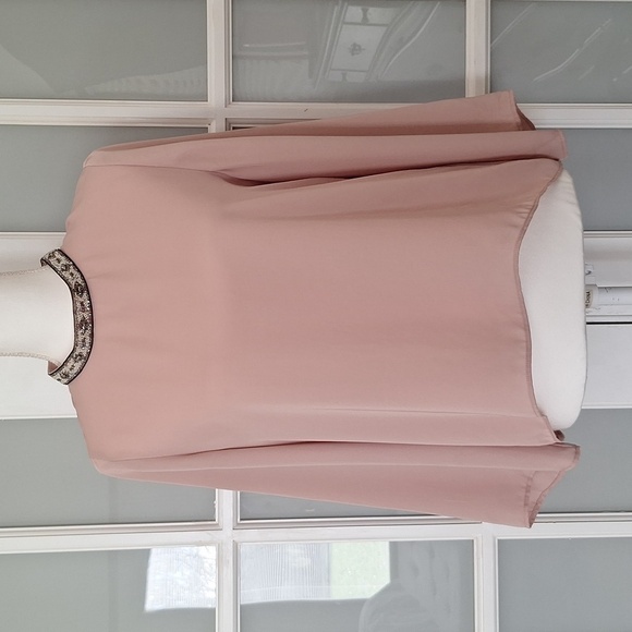 ZARA Sheer Blush Embellished Mock Neck Blouse - Picture 1 of 16